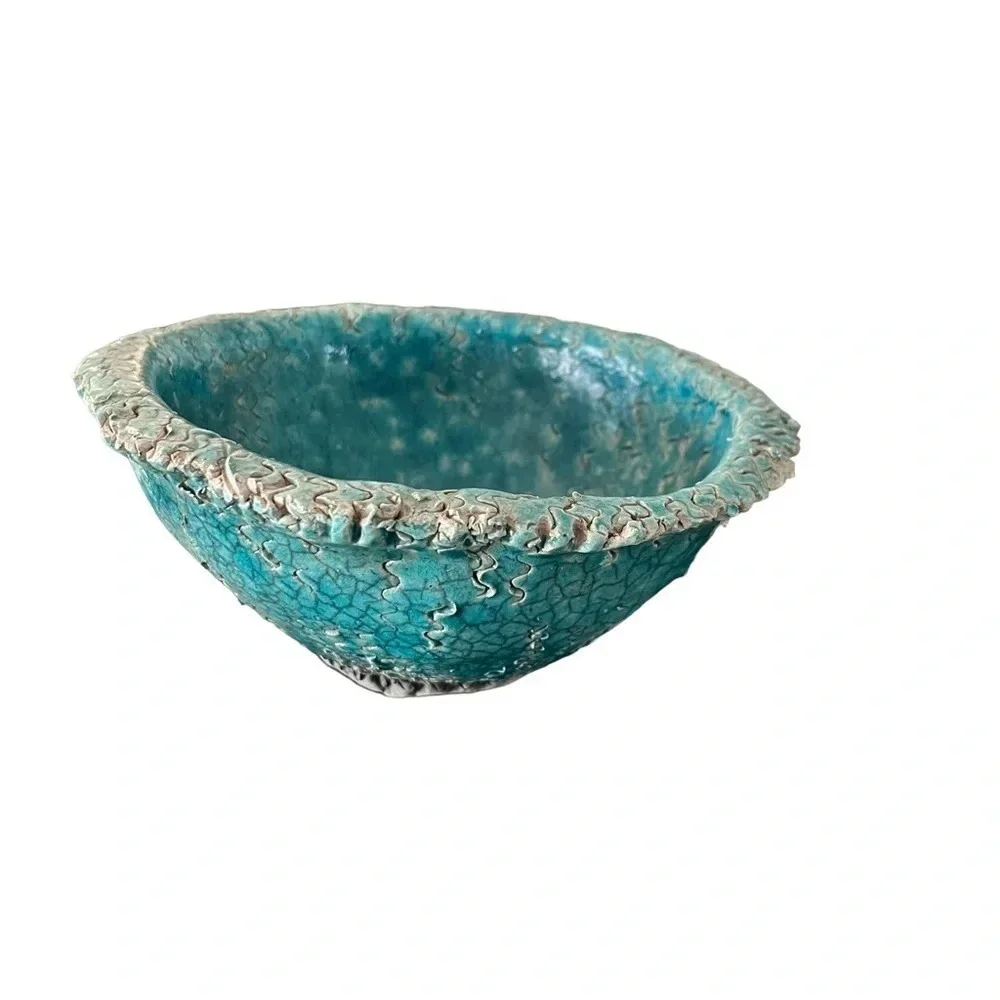 Raku Turquoise Textured Bowl Signed Sindy Unusual